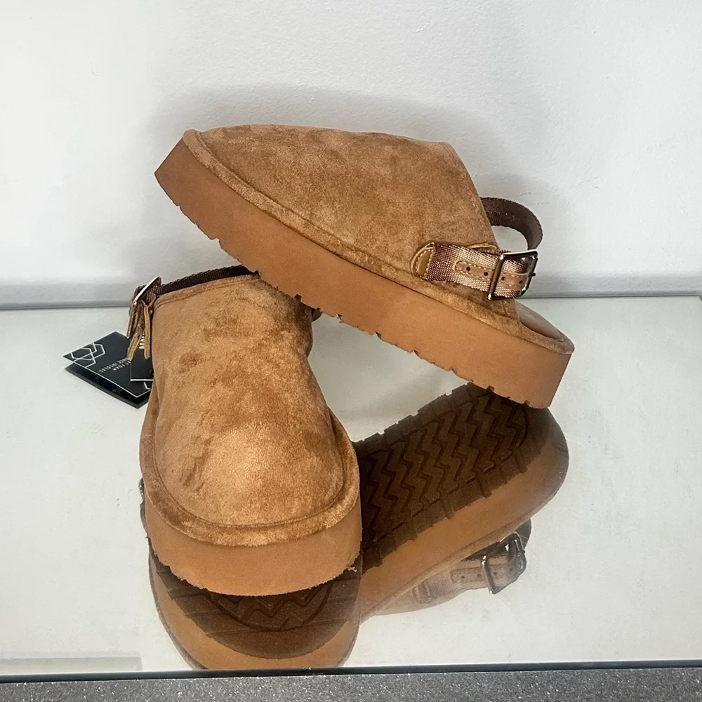 Girls Cozy Shearling Clogs Tan Faux Suede Buckle Slip On Size 1